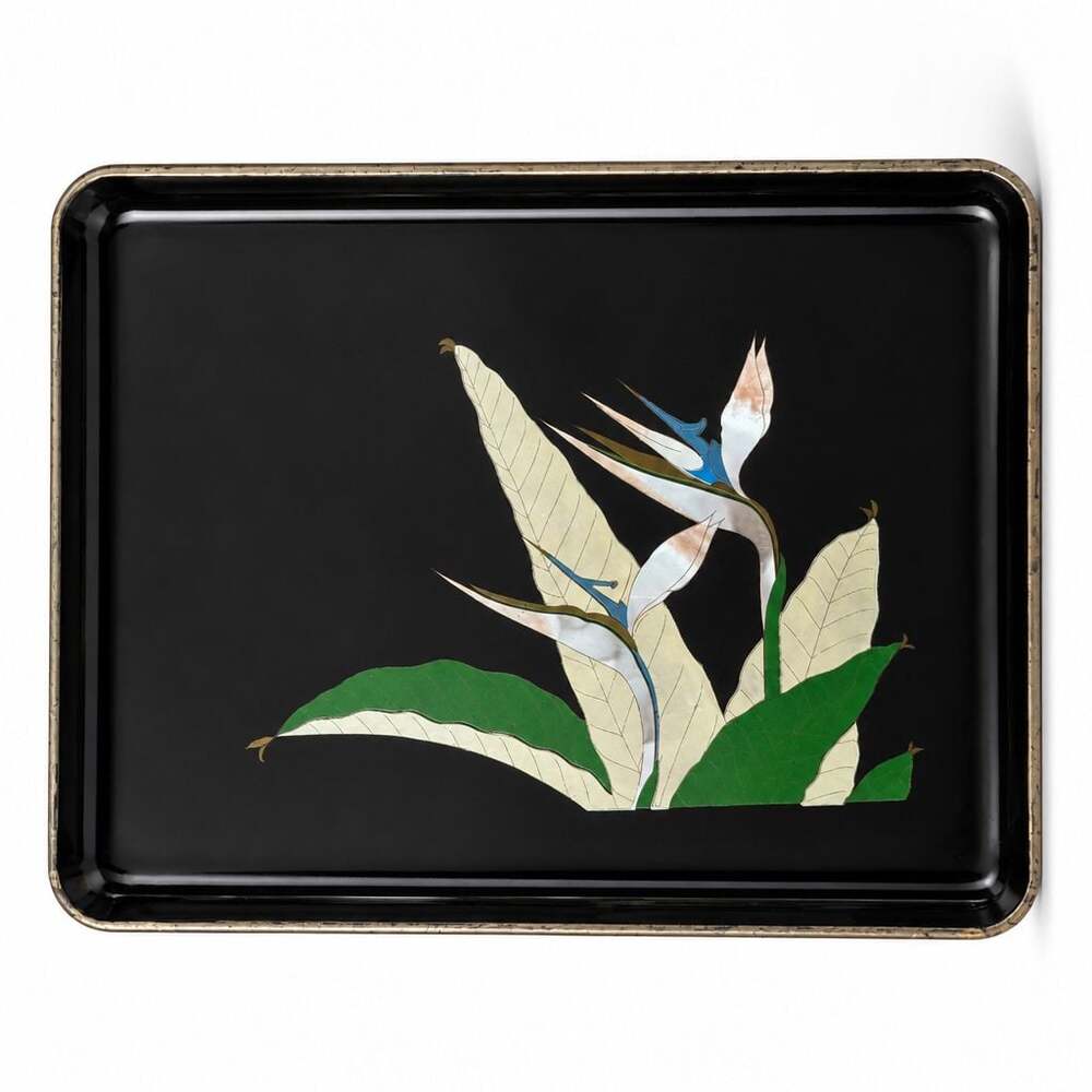 Vintage Nashco Bird of Paradise Black Toleware Metal Serving Tray MCM
